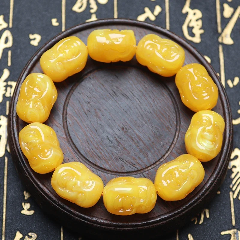 2025 Double-sided Chicken Oil Yellow Carving Buddha Head Beeswax Bracelet Men Women Rosary Buddha Beads Literary Hand String