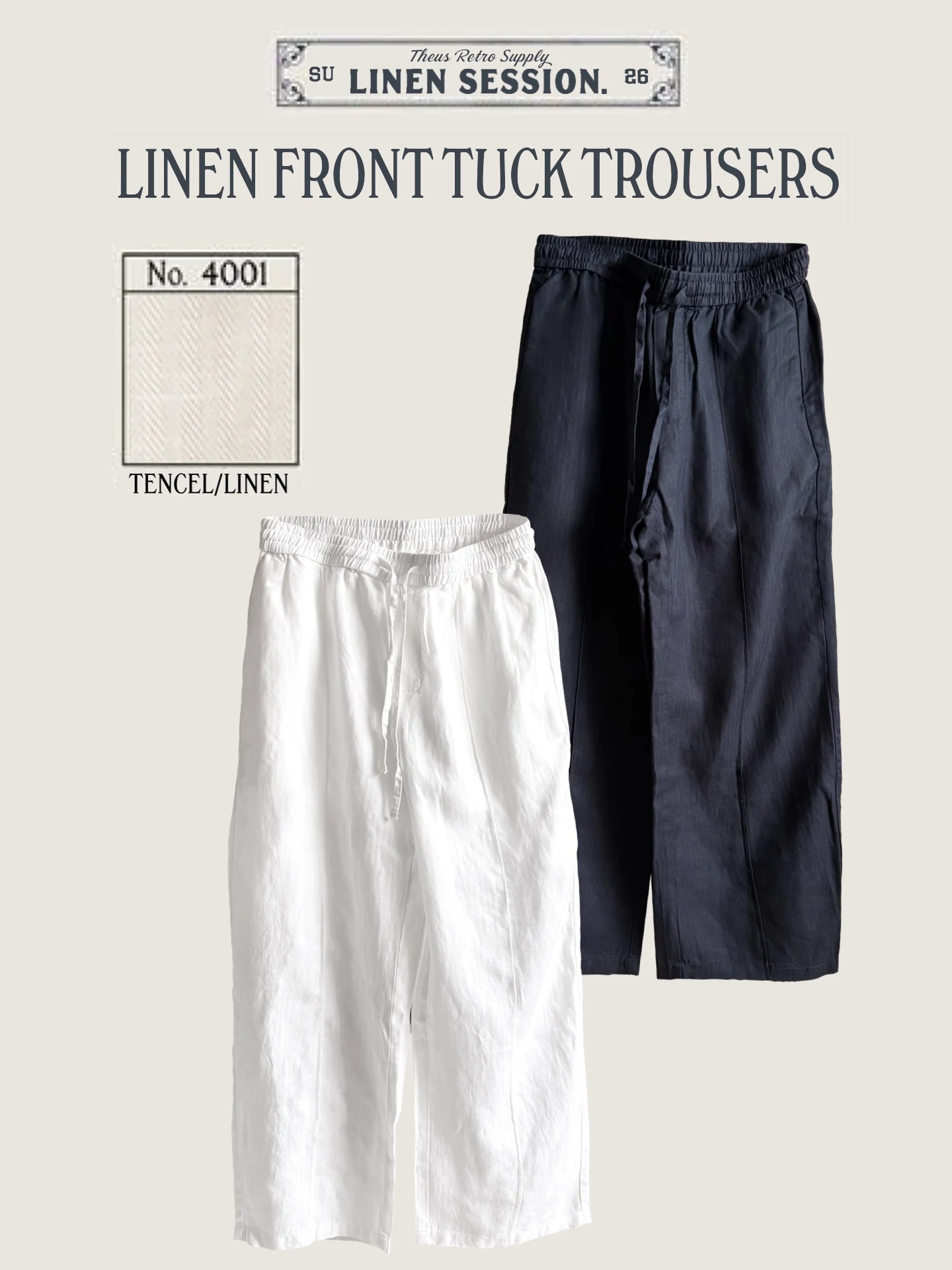 LinenSession Men's Casual Pants Silk  Linen Draped Soft Vintage American Mid-Seam Stand Pleat Lightweight Summer Trousers