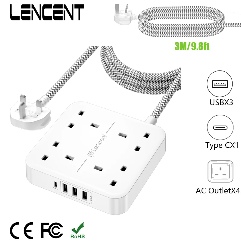 LENCENT UK Power Strip with 4 AC Outlets 3 USB 1Type C Multi Power Plug Extension with 3M Braided Extension Cord for Home Office