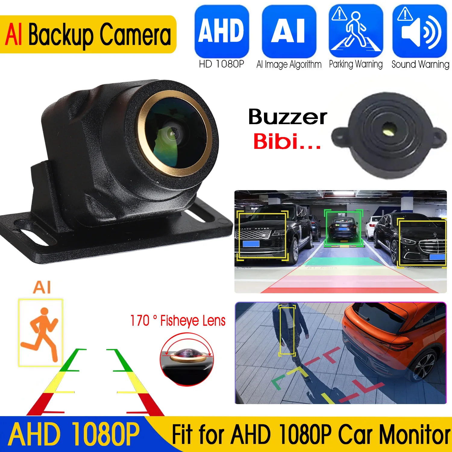 

AI Smart Backup Camera with 170° Fisheye Lens, AHD 1080P Night Vision Reverse Camera with ADAS Audio Alarm & Obstacle Detection