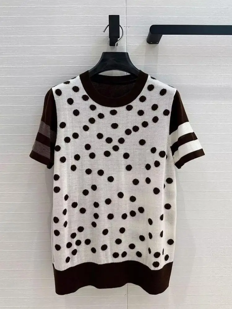 

Fashion Summer Dot Stripes Pattern Knitted T-shirt 2025 New Silk Women Blends O-neck Short Sleeve Soft Casual Tops Tee