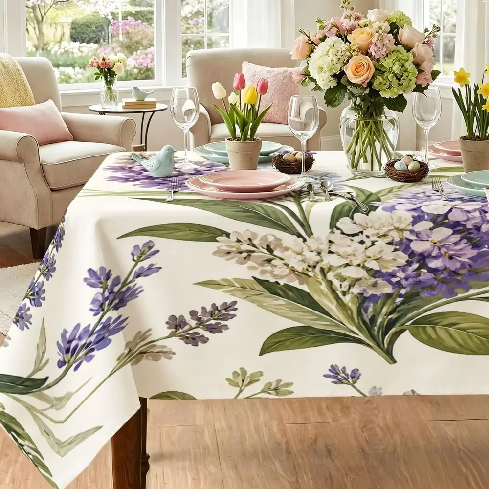Floral Tablecloth Rectangular White Lilac Wisteria Design Polyester Dining Cloth with Green Leaves, Suitable for Wedding Party Picnic Indoor Outdoor Use Spring Summer Decoration