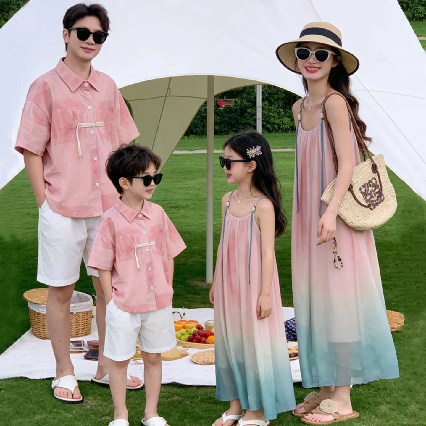 2026 Summer Family Matching Outfits Ombre Gradient Dress & Short Sleeve Shirt Set for Mom Dad Kids Beach Vacation Photoshoot