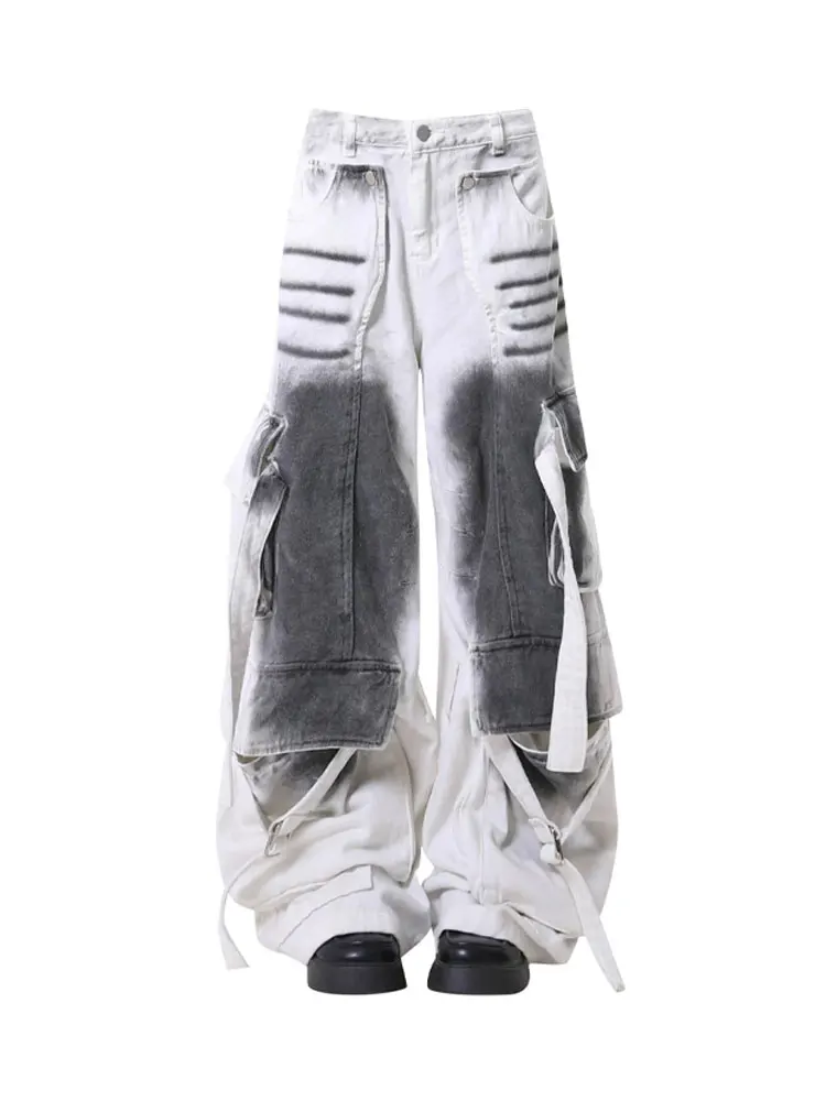 White Baggy Multi Pocket Jeans Women/Men  Cargo Jeans Loose Casual Straight Denim Pants Y2K Wide Leg Floor Pants