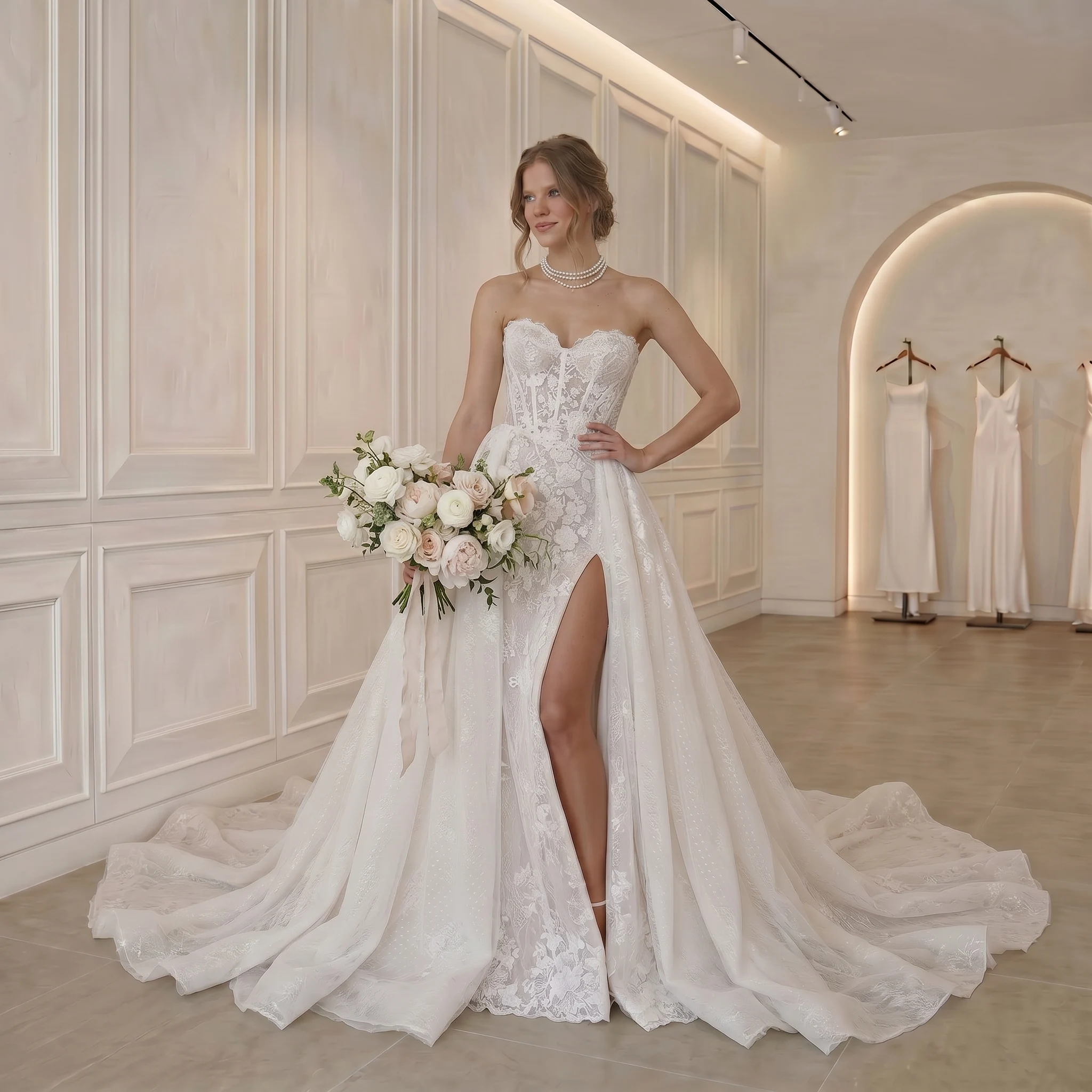 

Strapless Lace Corset Wedding Dress High Slit Cathedral Train Mermaid Ballgown Bridal Gown Custom Ivory Vestido De Novia