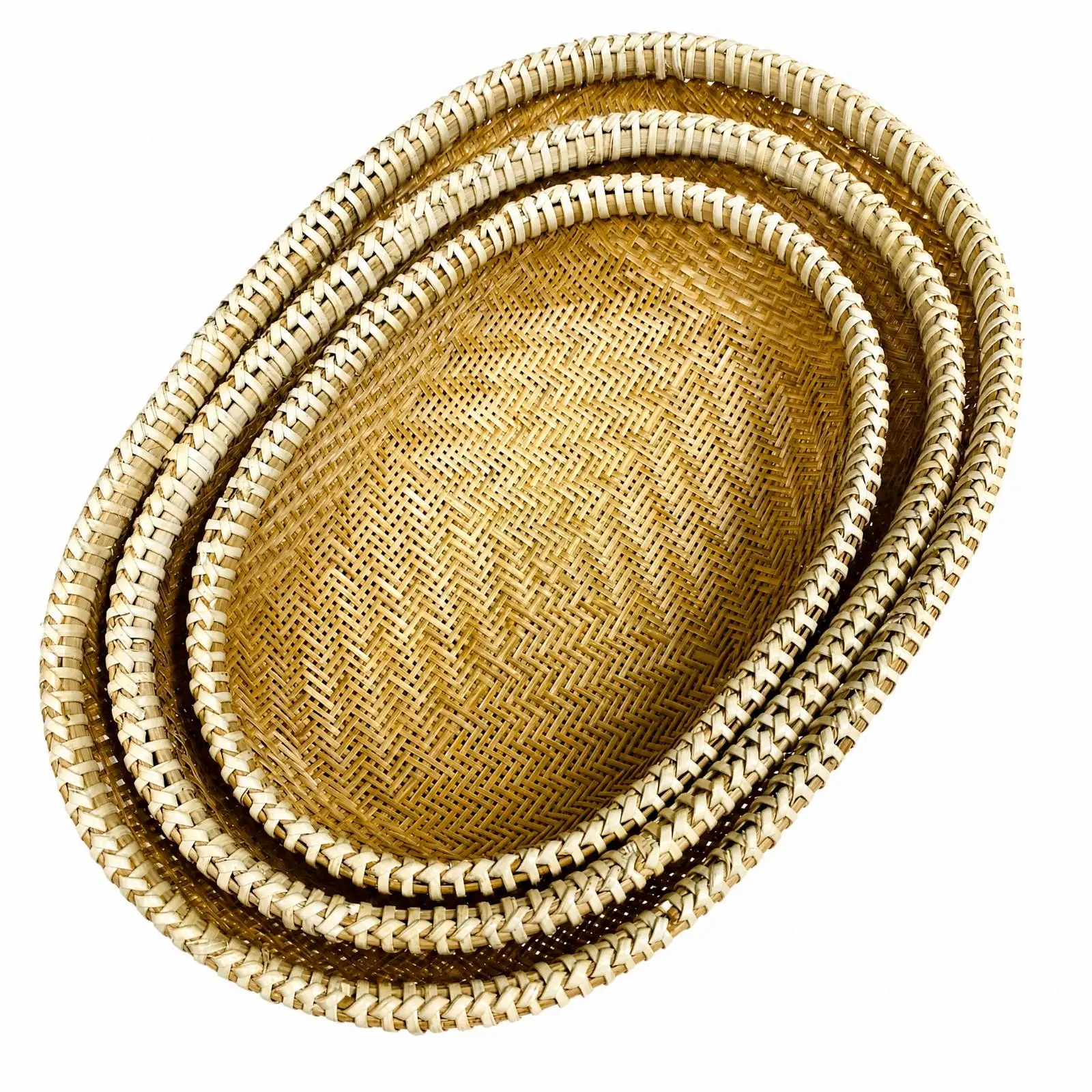 3 Pieces Oval Woven Bamboo Basket Breathable Shallow Woven Basket with Braided Rim Shallow Versatile for Fruit Serving