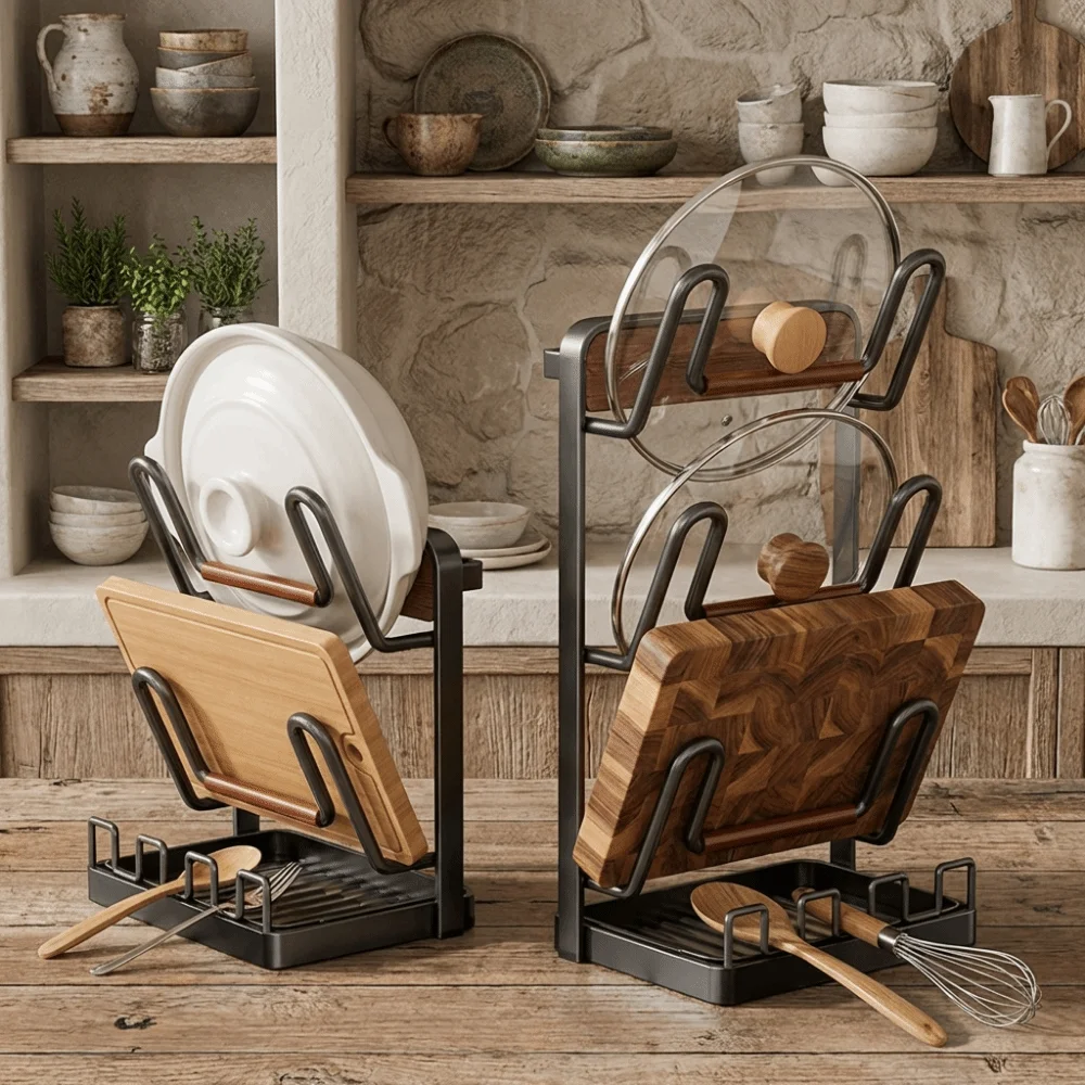 Carbon Steel Pot Lid Rack Rustproof Stable Cutting Board Holder Space Saving with Spoon Rest Pot Cover Shelf Kitchen
