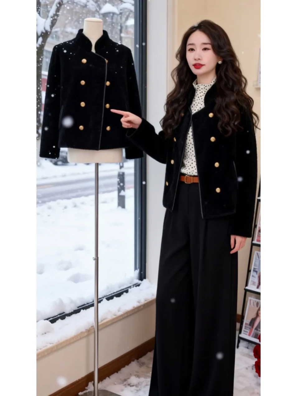 Elegant Short Women's Jacket Double Row Gold Buckle Black Chic Style Winter New Arrival Breathable Straight Cut Fashionable O...