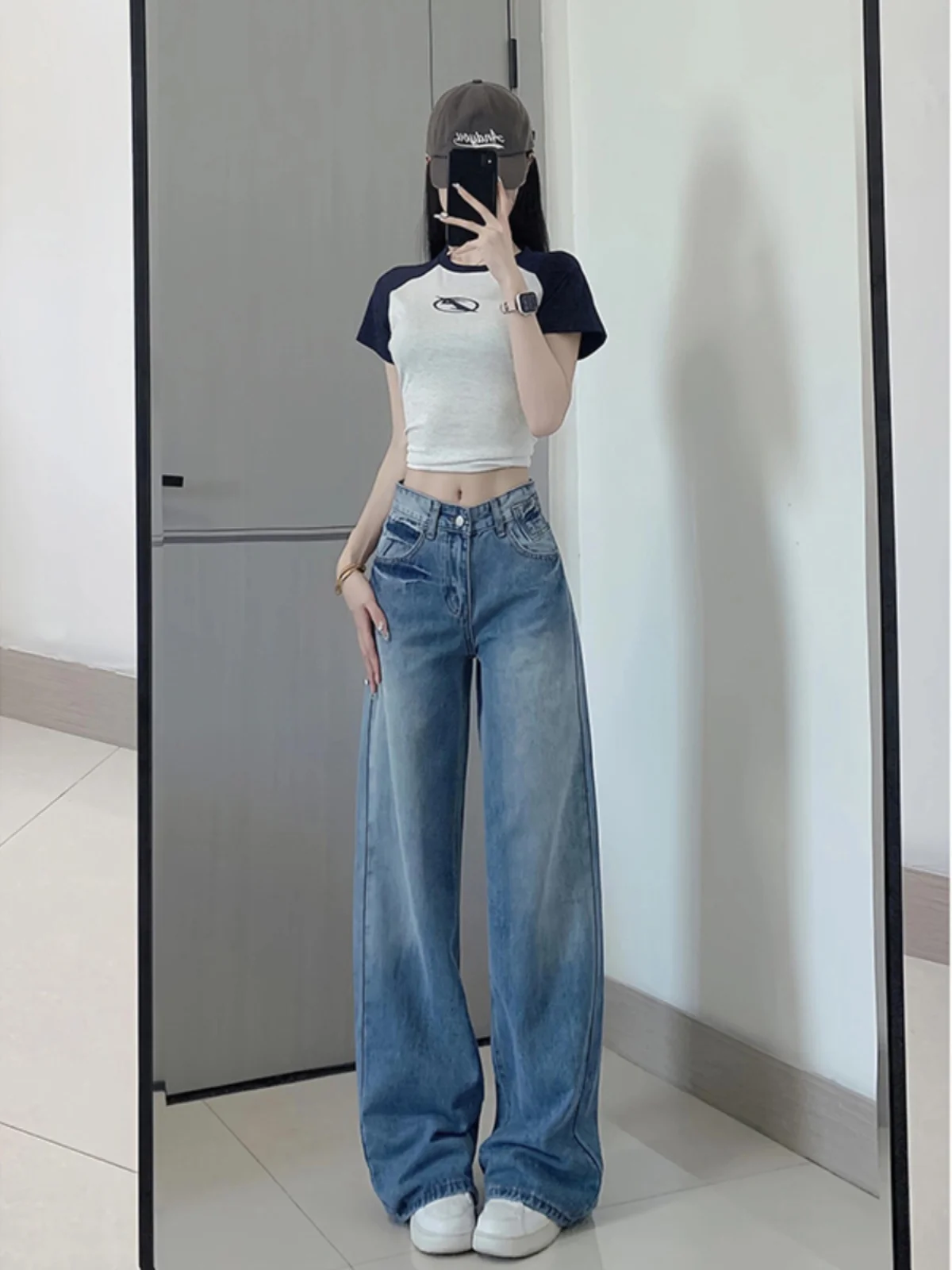 

Ретро-джинсы синие прямые зауженные женские весна-лето, новинка, с высокой талией, удлиненные, драпированные, широкие брюки с высокой талией