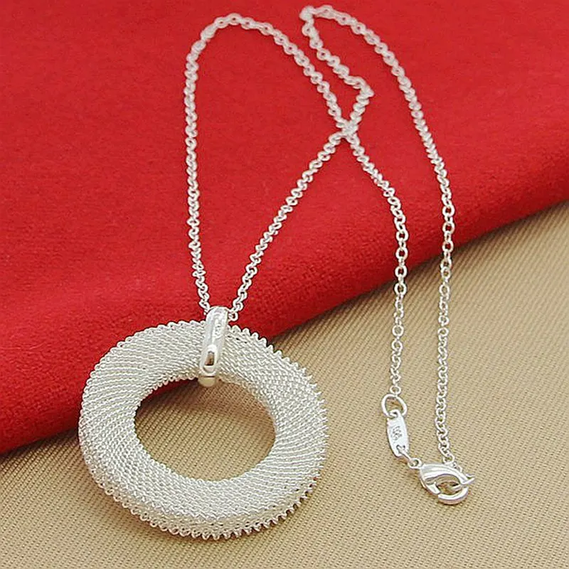 

925 Sterling Silver Round Circle Weave Pendants Necklace 18 inch Chain For Woman Wedding Engagement Party Jewelry