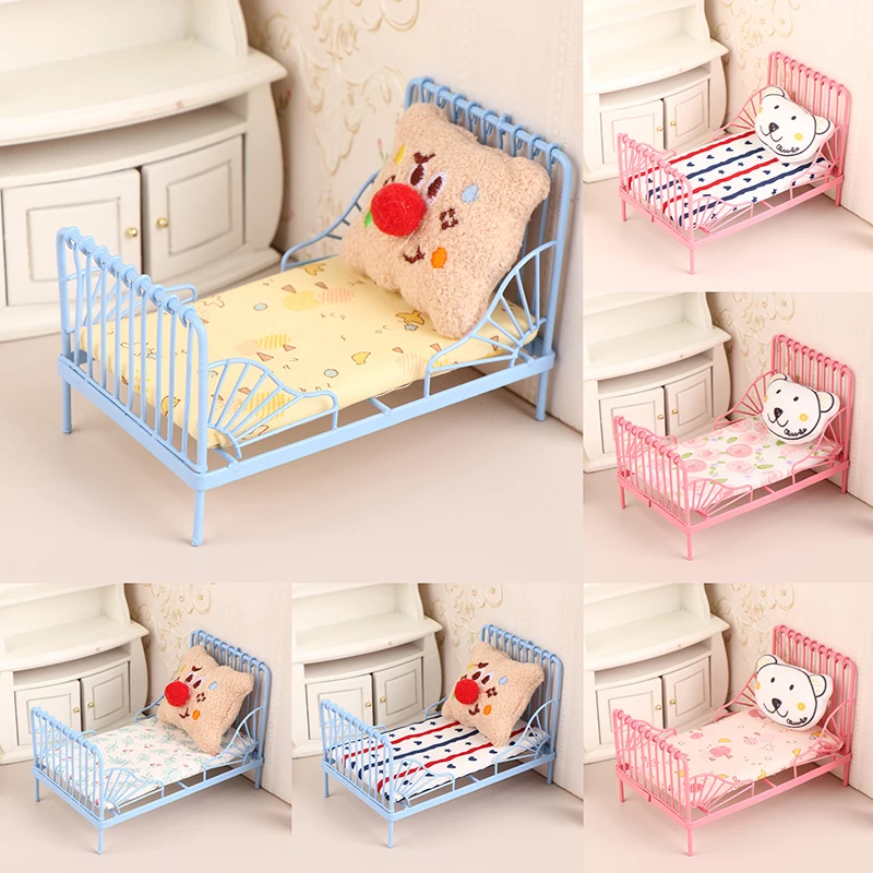 1Set Dollhouse Miniature Iron European Bed With Mattress Bear Pillow Furniture Bedroom Decor Toy Doll House Accessories