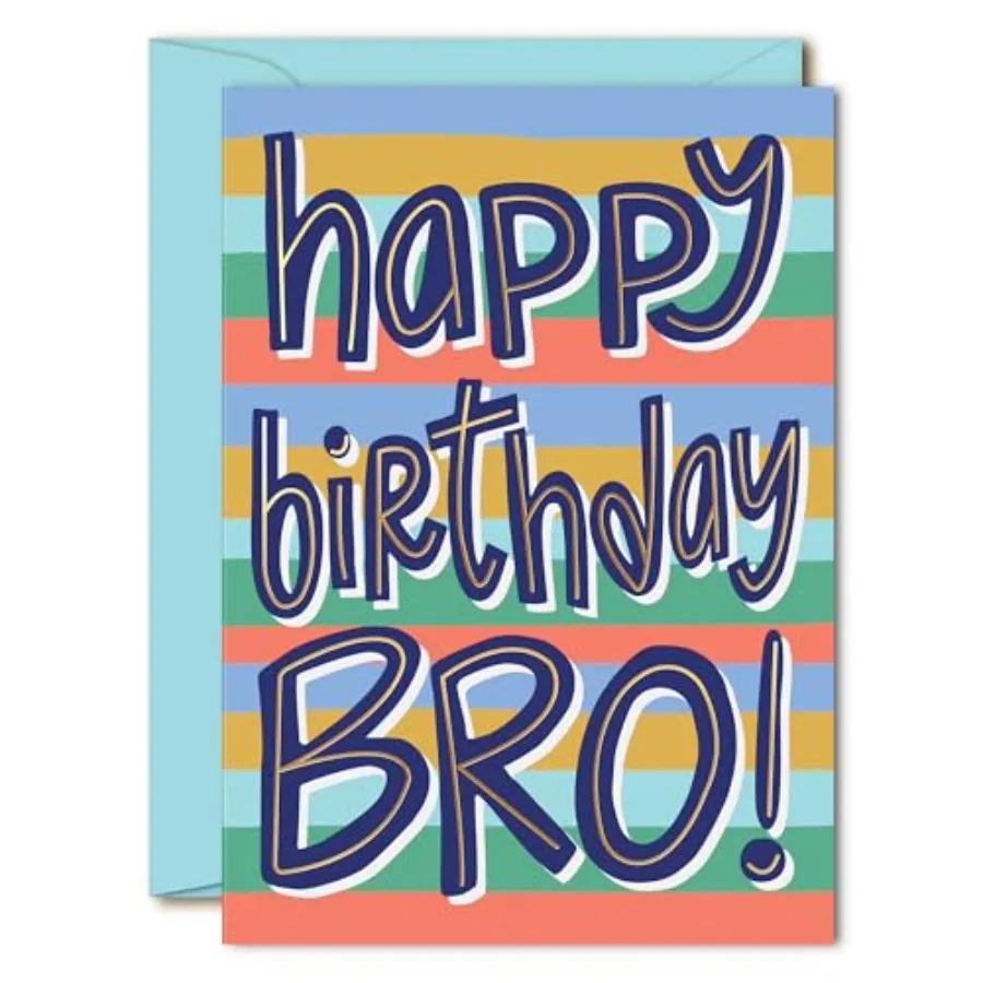 

Happy Birthday Brother Card Gold Foil Greeting Card with Aqua Envelope and Sticker From Sister or Brother Thick Cardstock, Stri