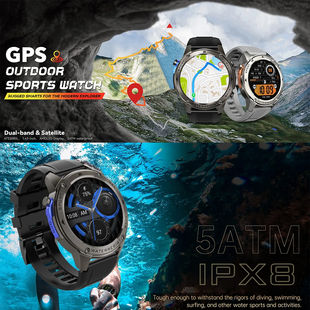 다오르코우 GPS 스마트워치 1.43인치 AMOLED 화면 음성 통화 야외 스포츠 시계 남성용 5ATM 방수 500mAh 배터리 헬스 스마트워치