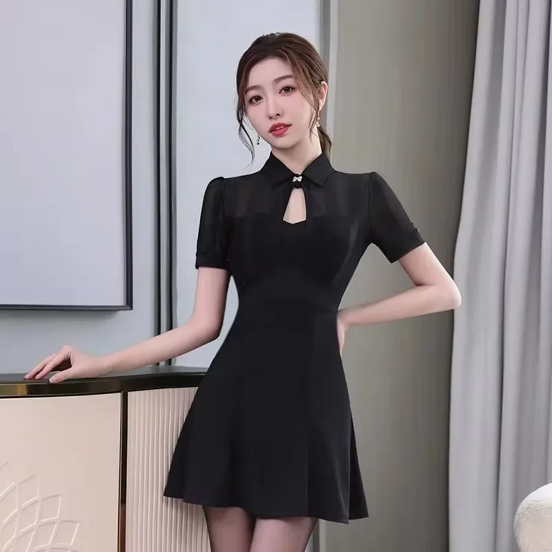 Summer Lace Dress Tulle Cheongsam Dresses for Women Black Party Prom Silk Transparent Fashion Vintage Massage Therapist Clothing