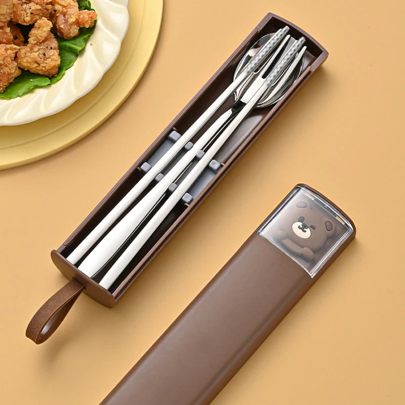 Stainless Steel Tableware Set Simplicity Chopsticks Spoon Fork Suit Cartoon Outdoor Portable Travel Flatware Kawaii Cute Cutlery