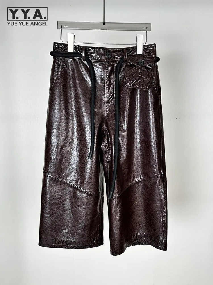 Retro Female Office Oil Wax Genuine Leather Casual Wide Leg Trousers Loose Fit Versatile Fashion Lady Straight Trousers Pants