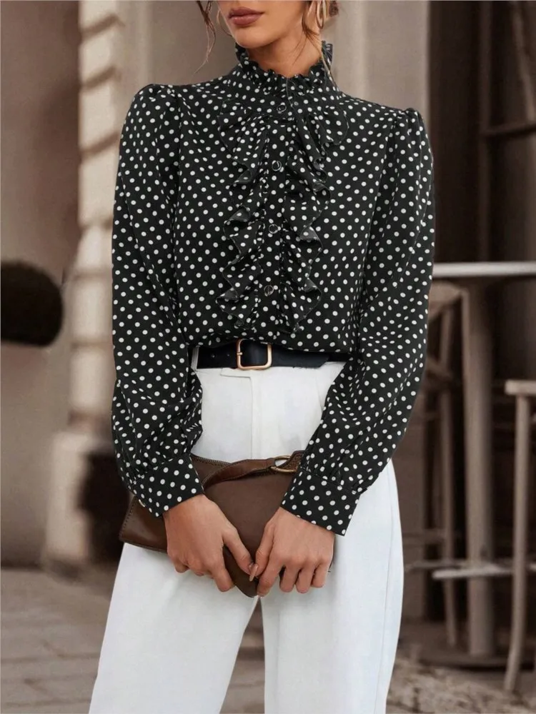 Vintage Polka Dot Print Long Sleeve Shirts For Women Ruched Stand Neck Elegant Blouse Buttoned Top Spring Going Out Street Wear