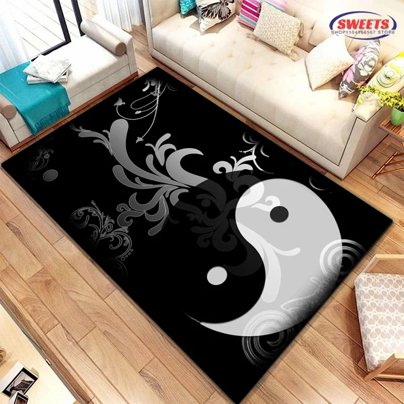 3D Mysterious Tai Chi White Fish Black Fish Cat Carpet for Home Living Room Bedroom, Sofa Doormat Floor Rug Anti-slip Decor Mat