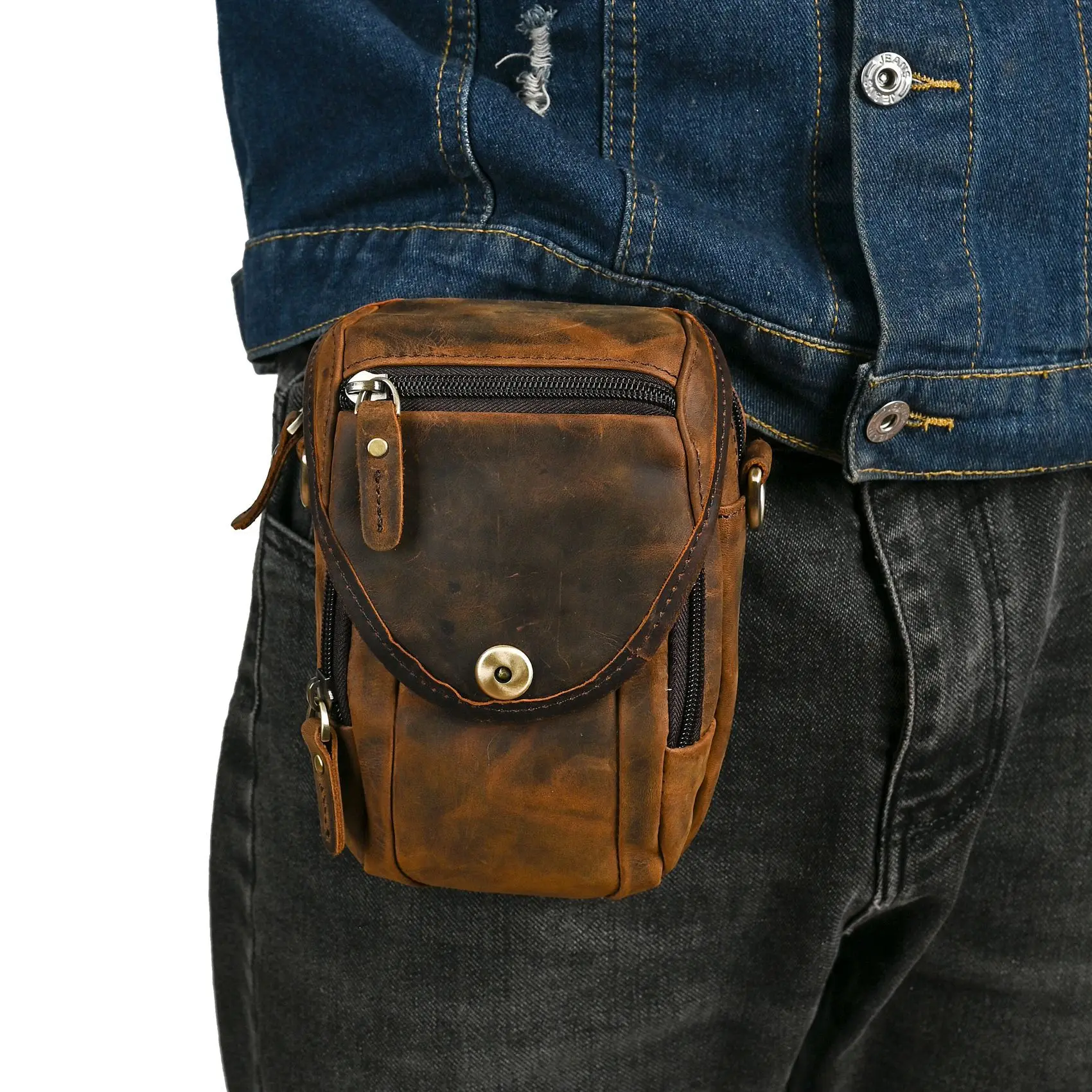 New Men's Outdoor Hiking Single Shoulder Bag Top Layer Crazy  Leather Mobile Phone Bag with Hook Small Waist Bag Backpack