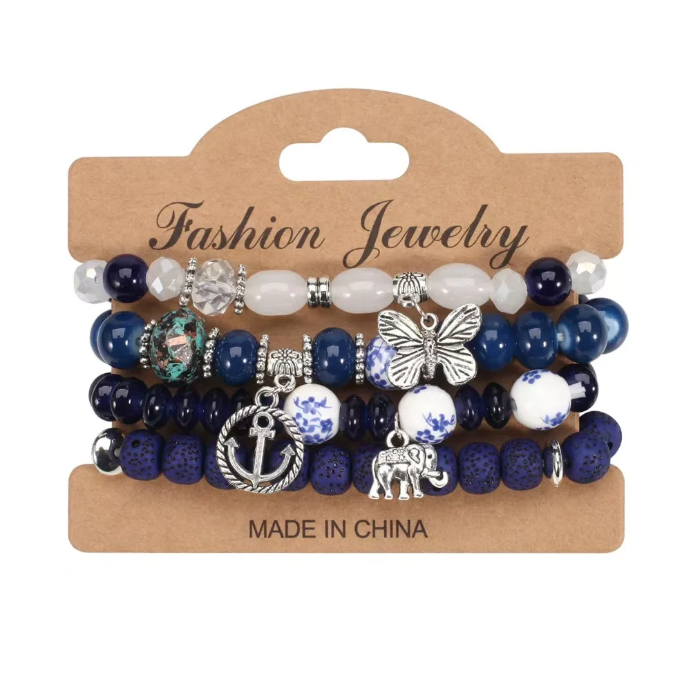 4pc blue bracelet with multi-layer small pendants, creative gift， accessory for daily commute and beach photo sessions