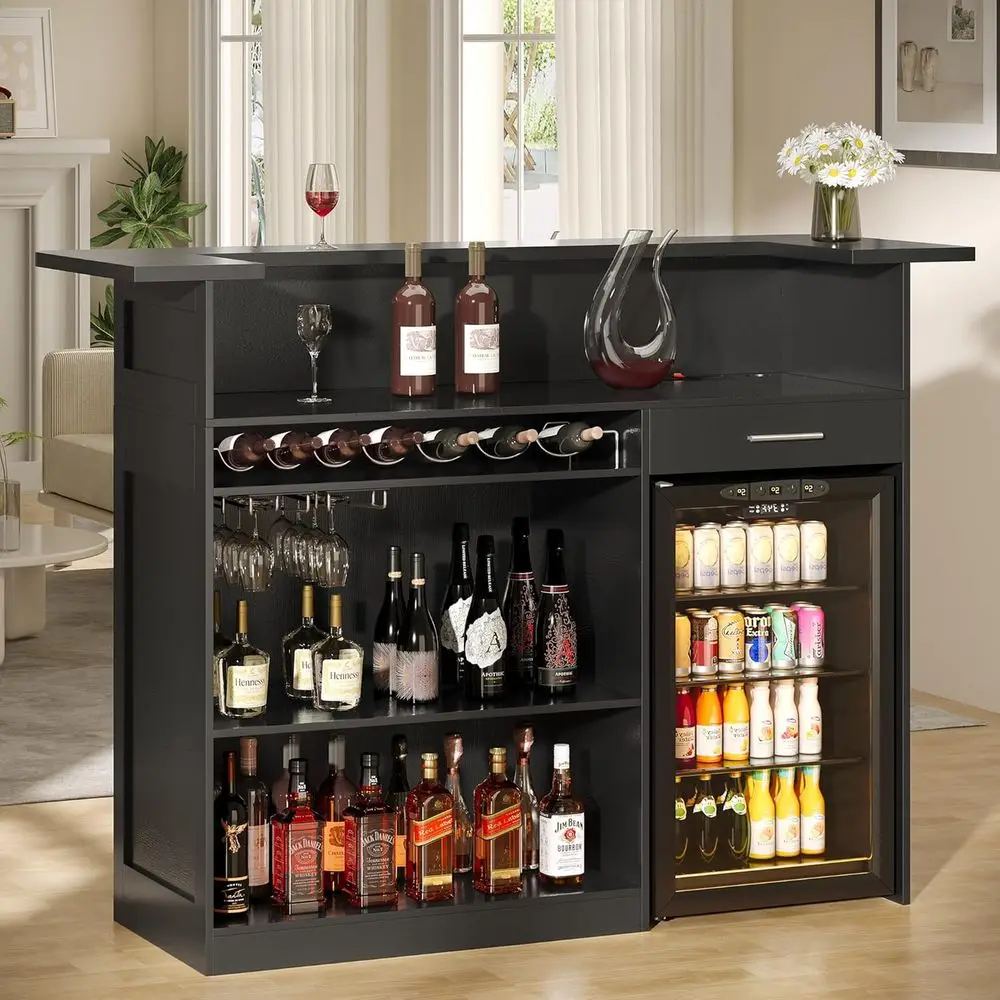 Compact Home Bar Unit with Storage Shelves, Liquor Cabinet, and Wine Glass Holder for Basement or Living Room