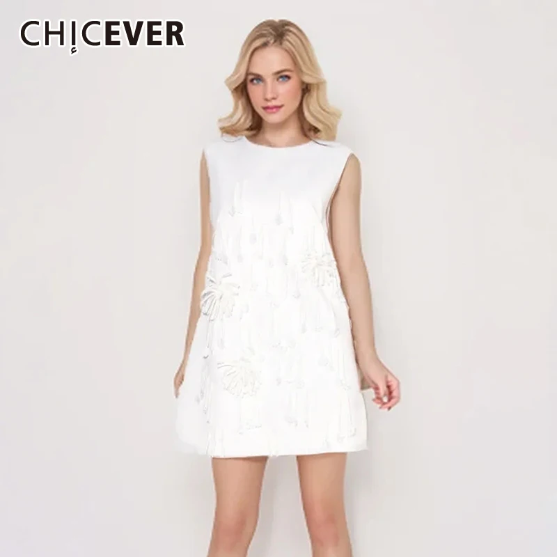 

CHICEVER Loose Patchwork Tassel Dresses For Women Round Neck Sleeveless Off Shoulder High Waist Solid Folds Dress Female Summer