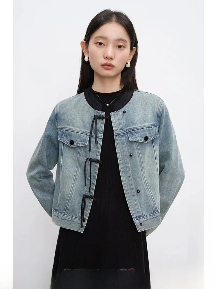 

New Chinese Style Women's Casual Stand Collar Denim Jacket Short Coat Vintage Top Cotton Polyester Blend Long Sleeve Button C...