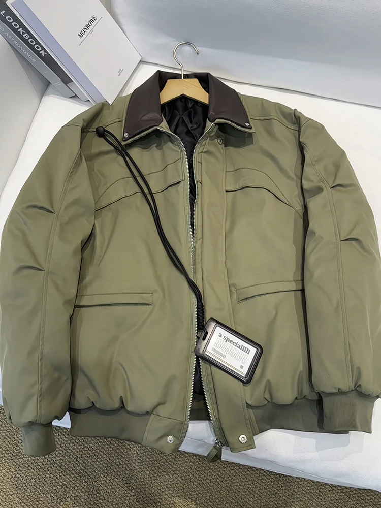 Military Green Pilot Jacket Cotton Coat Men's Autumn Winter Design Sense Rivet Leather Collar Outerwear Shape Jacket