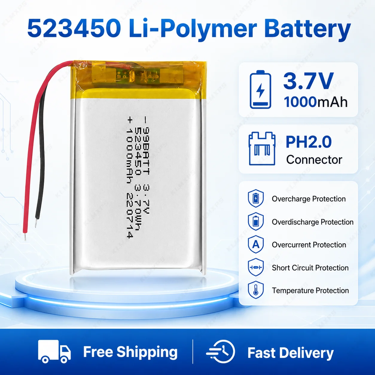523450 3.7V 1000mAh Li-ion Polymer Battery Rechargeable 3.7Wh with PH2.0 Connector for DIY ，Speaker, headlight, vehicle recorder