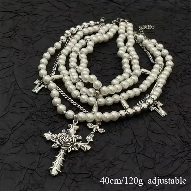 Fashion Personalized Design Multi-layer Imitation Pearl Cross Pendant Necklace Men and Women Elegant Delicate Collarbone Chain