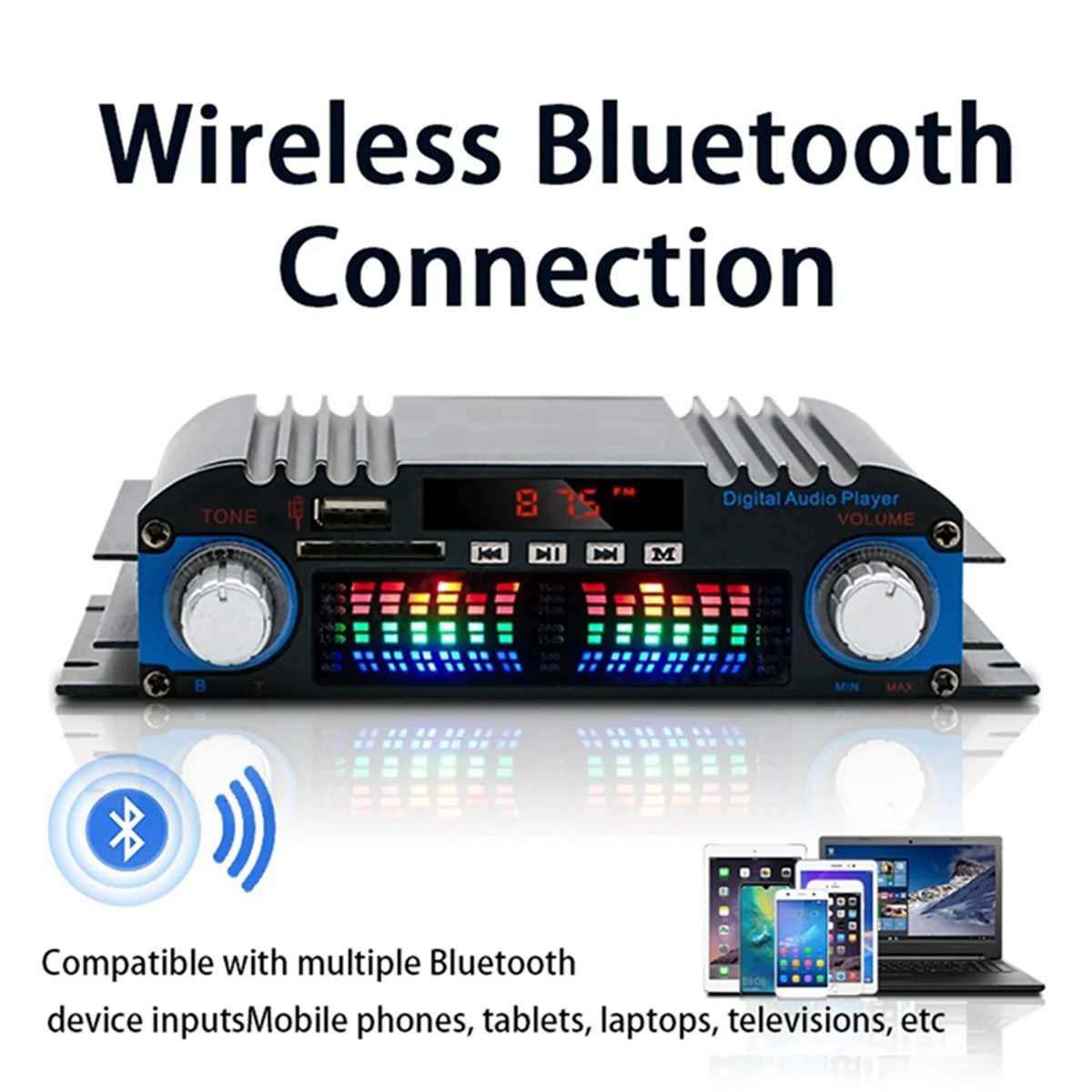 Bluetooth Amplifier HIFI 4-Channel Digital Audio Sound Amp FM Radio MP3 Support USB SD RCA Home Audio System, EU Plug