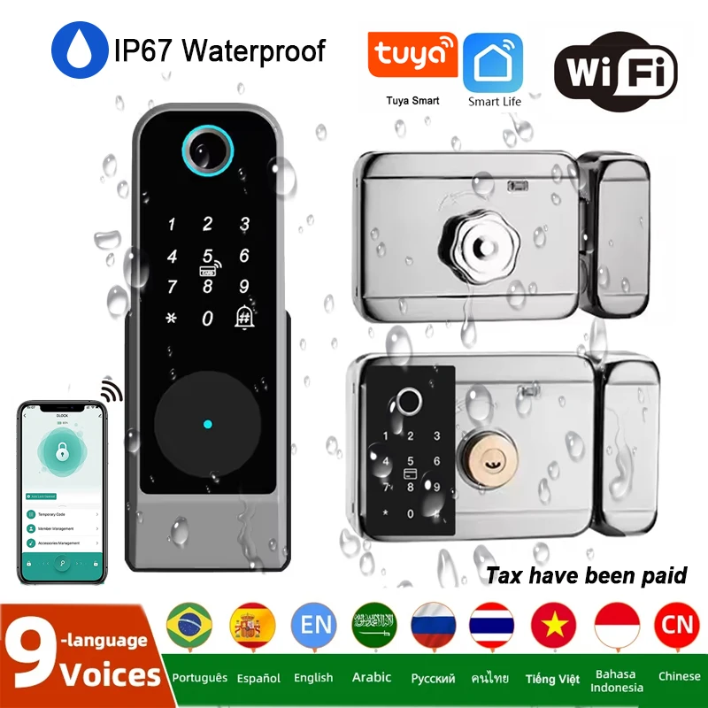 Rim Gate Door Lock Waterproof Double Sides Smart Lock Fingerprint Password for iron doors Tuya Wifi