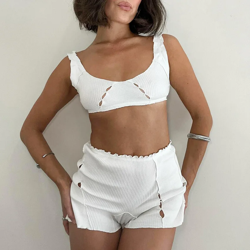 2 قطعة/المجموعة 2026 جديد الربيع الصيف مضلع متماسكة بيجامة مجموعة للفتيات لينة موضة الدانتيل الأبيض بروتيل السراويل انظر من خلال المتسكعون #4