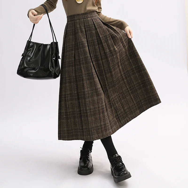ウールチェック柄のスリムハイウエストAラインスカート、女性用秋冬、高品質、通勤、プリーツミディスカート