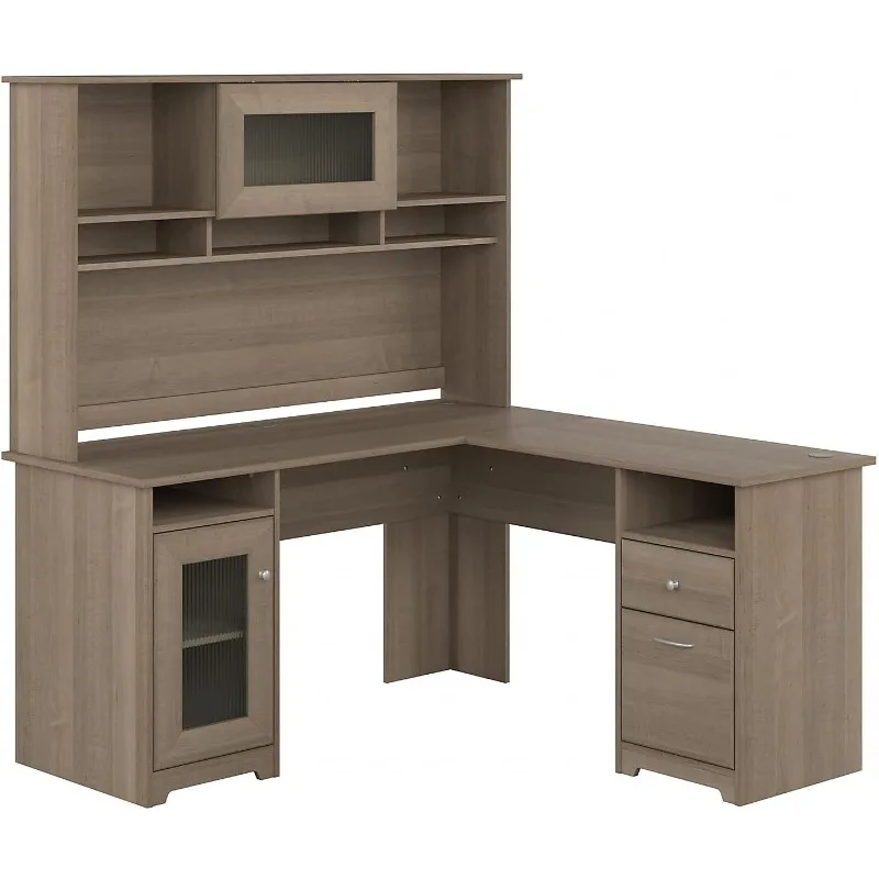 

Cabot L Shaped Desk with Hutch | Corner Desk with Storage for Home Office in Ash Gray | 60W L Shaped Computer Desk