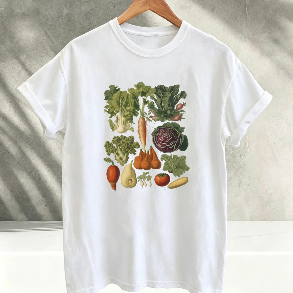 Vintage Vegetable Chart Graphic Printed Cotton T-Shirt Botanical Garden Harvest Plant Art Short Sleeve Women Clothes Harajuku