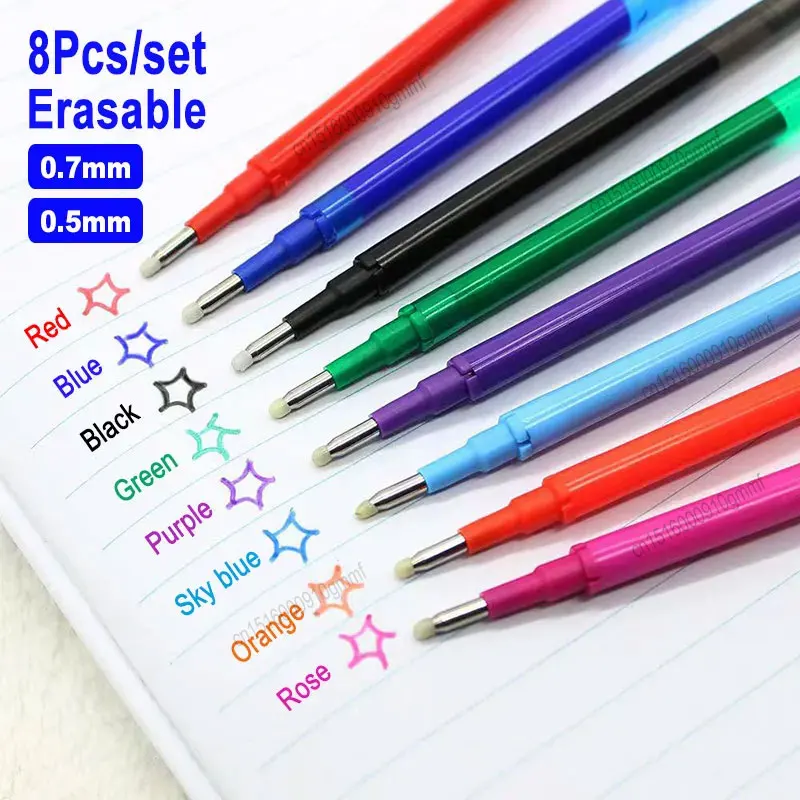 DELVTCH 0.7mm 0.5mm Erasable Gel Pen Refill Rod 8 Color Ink Bullet Tip Washable Handle Office School Writing Stationery 11cm