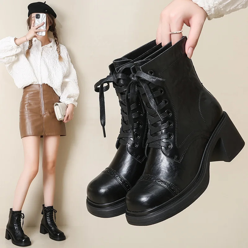 Britischer Stil Herbst/Winter Frauen Plattform Motorrads tiefel runde Zehen Schnür reiß verschluss dicke hochhackige moderne Stiefel Gothic Schuhe