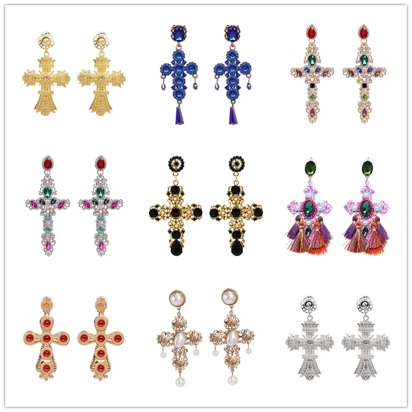 JURAN Vintage Statement Dangle Cross Earrings for Women Luxury Big Crosses Crystal Long Tassel Drop Earrings Jewelry 2024 Trend