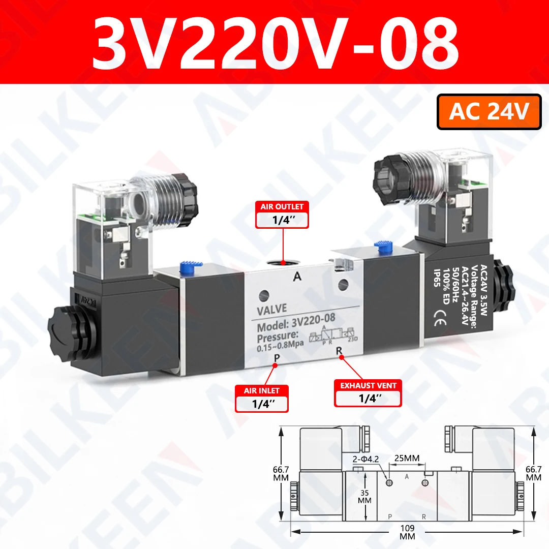 ABILKEEN 3V220-06/3V220-08 Air Solenoid Valves 3 Way 2 Position Dual Electrical Control Normally Closed Pneumatic Solenoid Valve