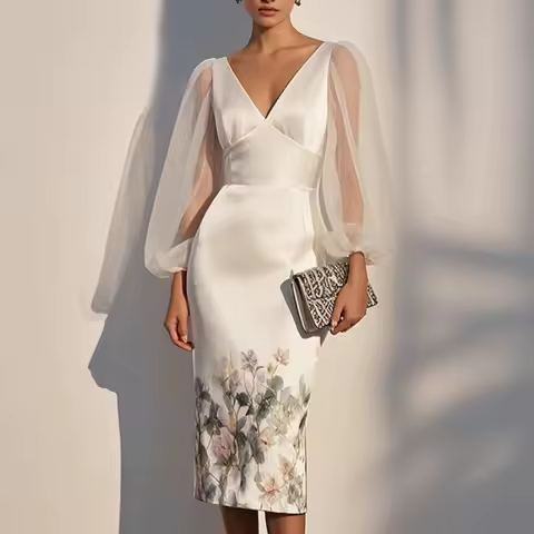 Dress For Women Elegant Mesh Splicing V-neck Digital Printing Dress Fashion Prom Wrap Formal Gowns and Evening Dresses