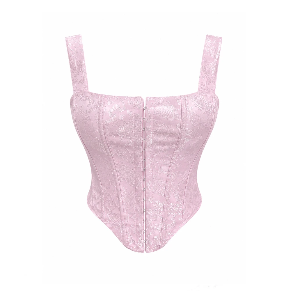 Women Victorian Pink Vintage Jacquard Corset Front Row Buttoned Fishbone Bustier Vest Sexy Slimming Shaper Lingerie Boned Bodice