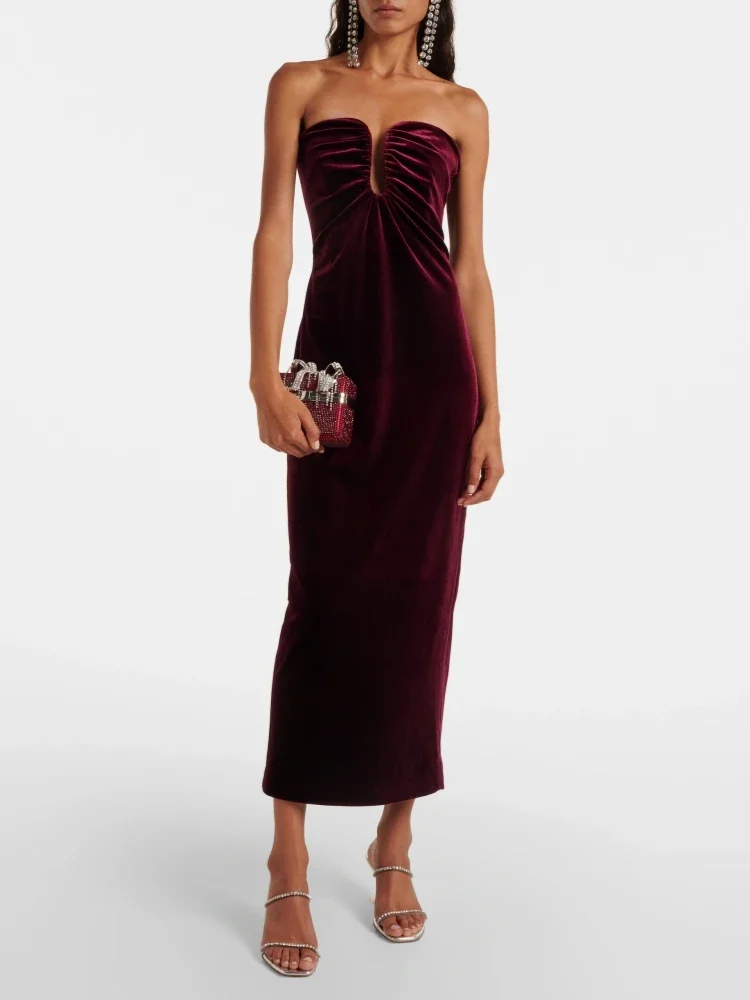 Sexy Diepe V-hals Strapless Plooien Ontwerp Midi Jurk Vrouwen Bordeaux Fluwelen Mouwloze Backless Bodycon Jurken Avondfeest Jurken