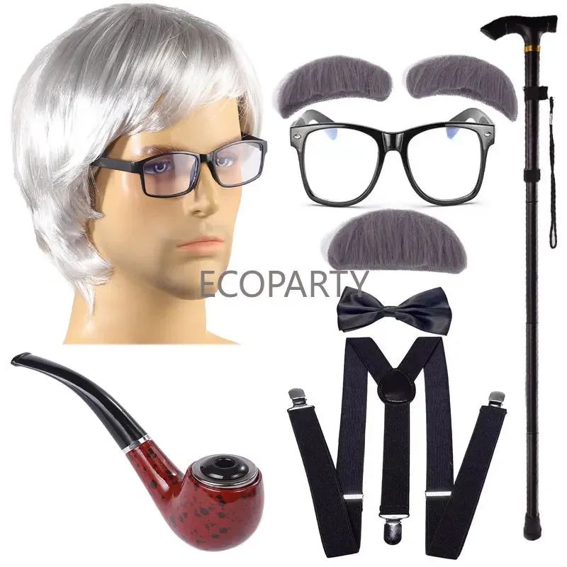 Old Granny e Grandpa Costume Accessories Set para 100 ° Dia de Escola Crianças Adultos 1920s Mens Costume com Newsboy Hat Ecoarty