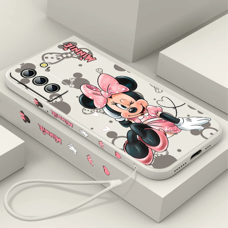 Mickey Minnie Pink Phone Case For Samsung Galaxy S23 S22 S21 S20 S10 Ultra Plus Pro FE Liquid Left Rope Candy Cover Coque Capa