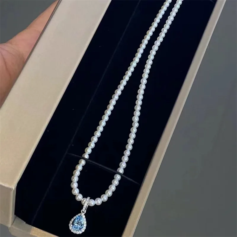 New 2 Carat Water Drop Moissanite Pendant Necklace Blue White Moissanita s925 Silver Pearl Neck Chain Jewelry Pass Diamond Test