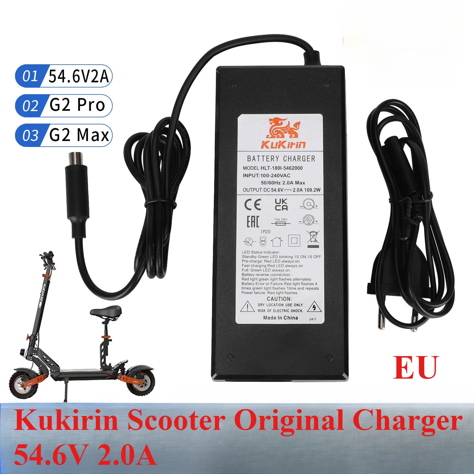 

Подходит для скутера Kukirin G2Pro/G2Max, оригинальное зарядное устройство, вход 100–240 В, выход 54,6 В, 2,0 А.