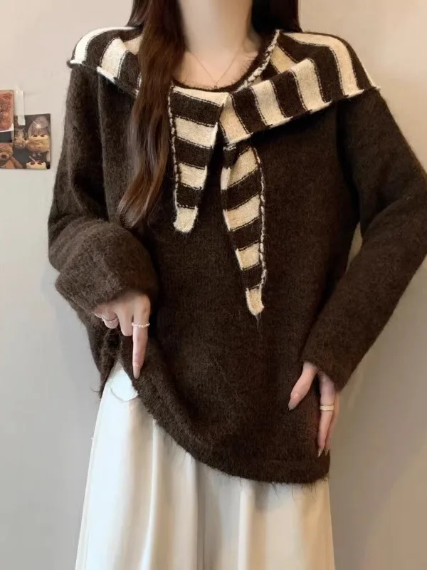 

Женский полосатый свитер с капюшоном и длинными рукавами, осенне-зимний, больших размеров, с темно-синим воротником, повседневный, удобный, трикотажный топ в полоску