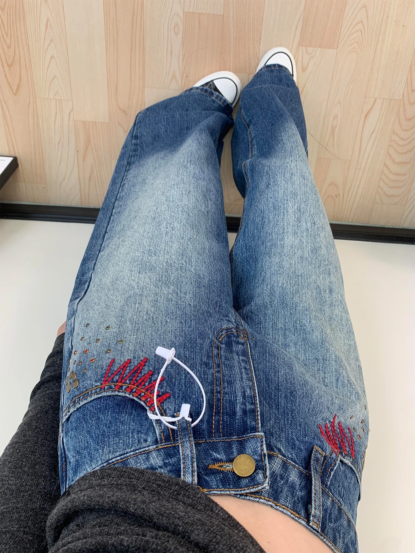 레트로 자수 데님 팬츠 여성용 루즈 와이드 레그 바지 겨울 시즌 하이웨이스트 투톤 캐주얼 패션 여성복