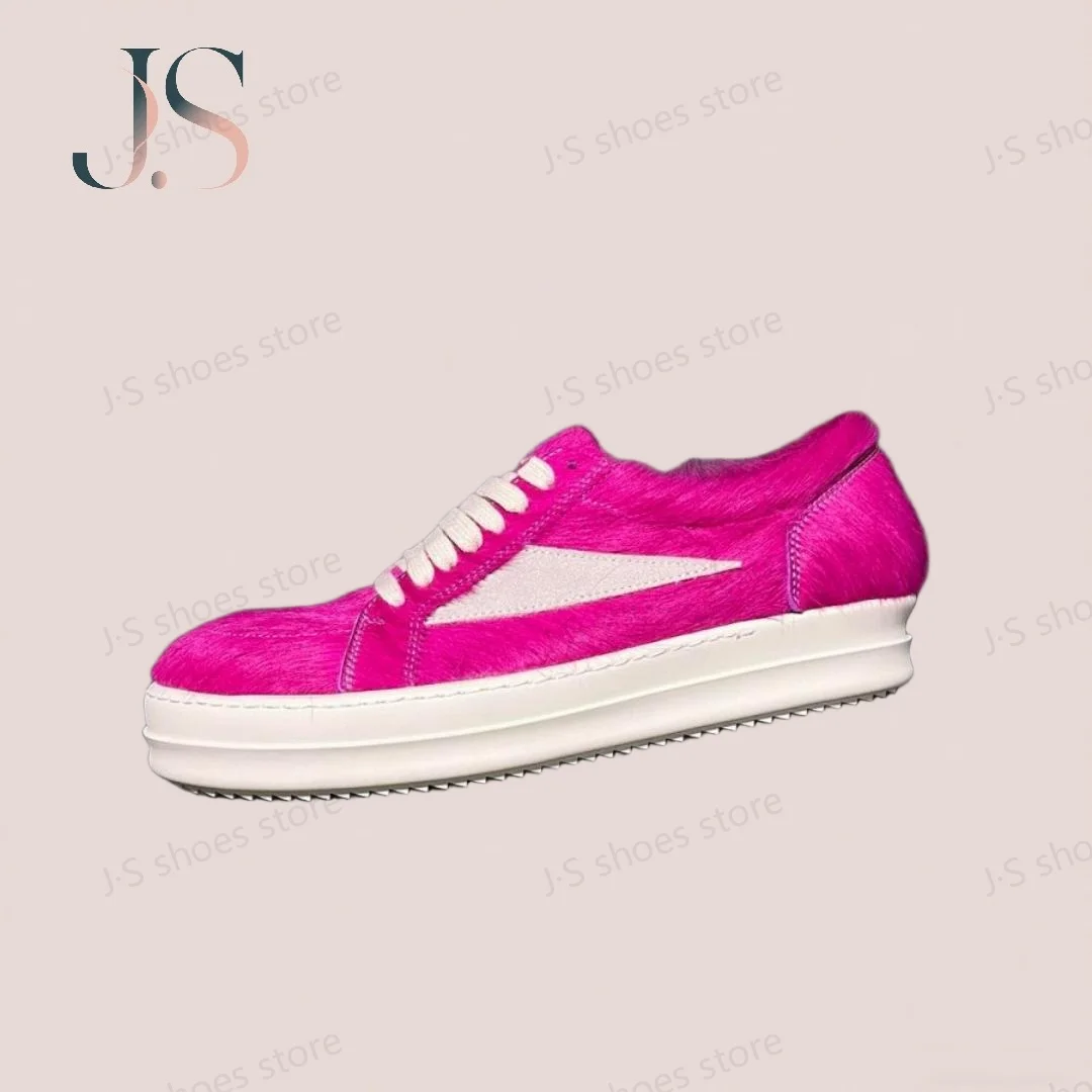 

R-o Classic Men Shoe Rose Pink Horse Hair Women Low Top Casual Shoes Retro Design Sneaker Horsehair White Suede Flat Sneakers